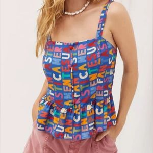 NWT Farm Rio Anthropologie Fantastic Peplum Ruffle Multi Color Tank Top Sz L